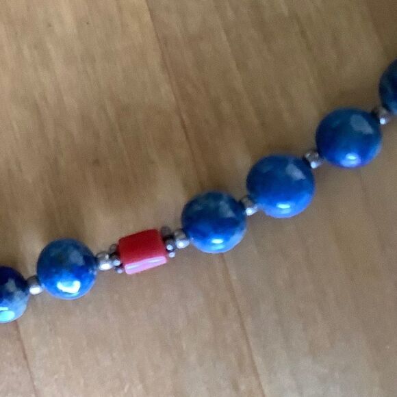 𝅺sterling SILVER 925 LAPIS LAZULI/RED CORAL/Turquose silver beds NECKLACE​​ - Picture 4 of 13